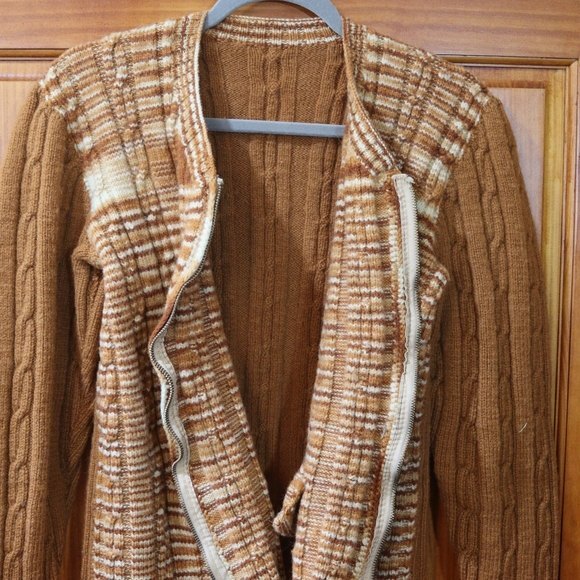 Vintage Handmade 70s Brown Plaid Chunky Knit Zip Cardigan Sweater LG - Picture 7 of 10